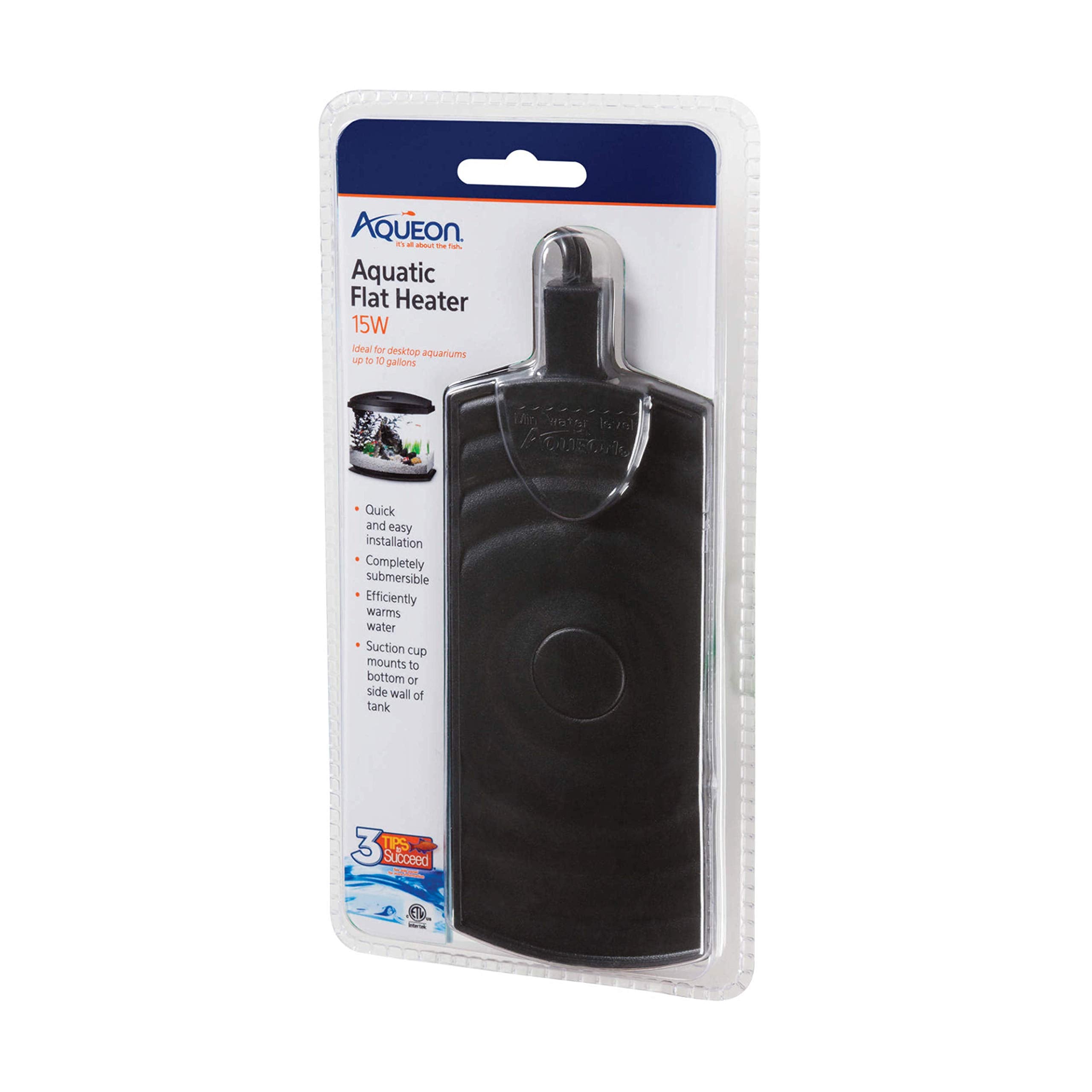 Aqueon submersible flat heater 15W front view provides compact warmth for 4–10 gallon tanks.
