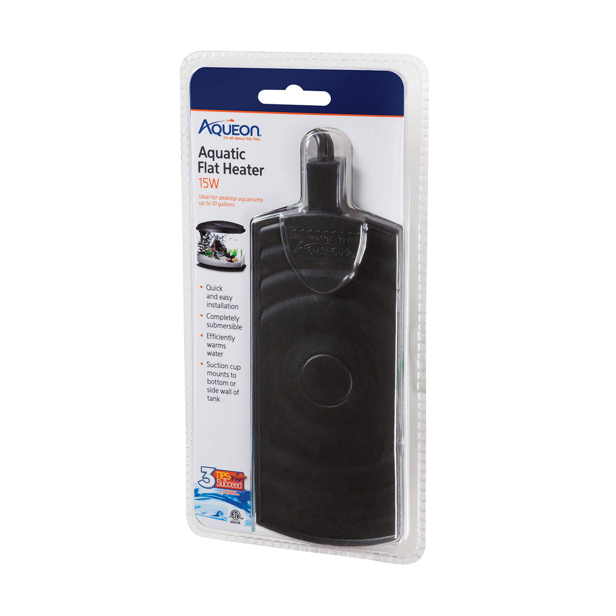 Aqueon submersible flat heater 15W front view provides compact warmth for 4–10 gallon tanks.