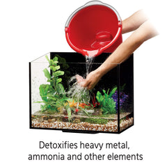 Close-up of Aqueon water conditioner label with dosage guidance for safe use.
