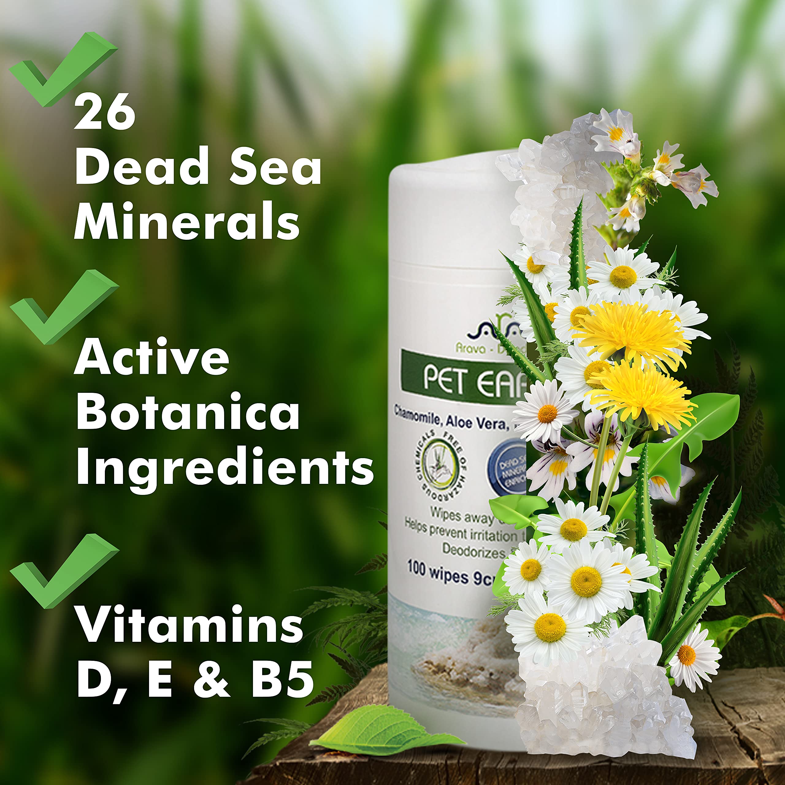 Arava cat-dog ear care essentials image highlights regular deodorizing cleansing.