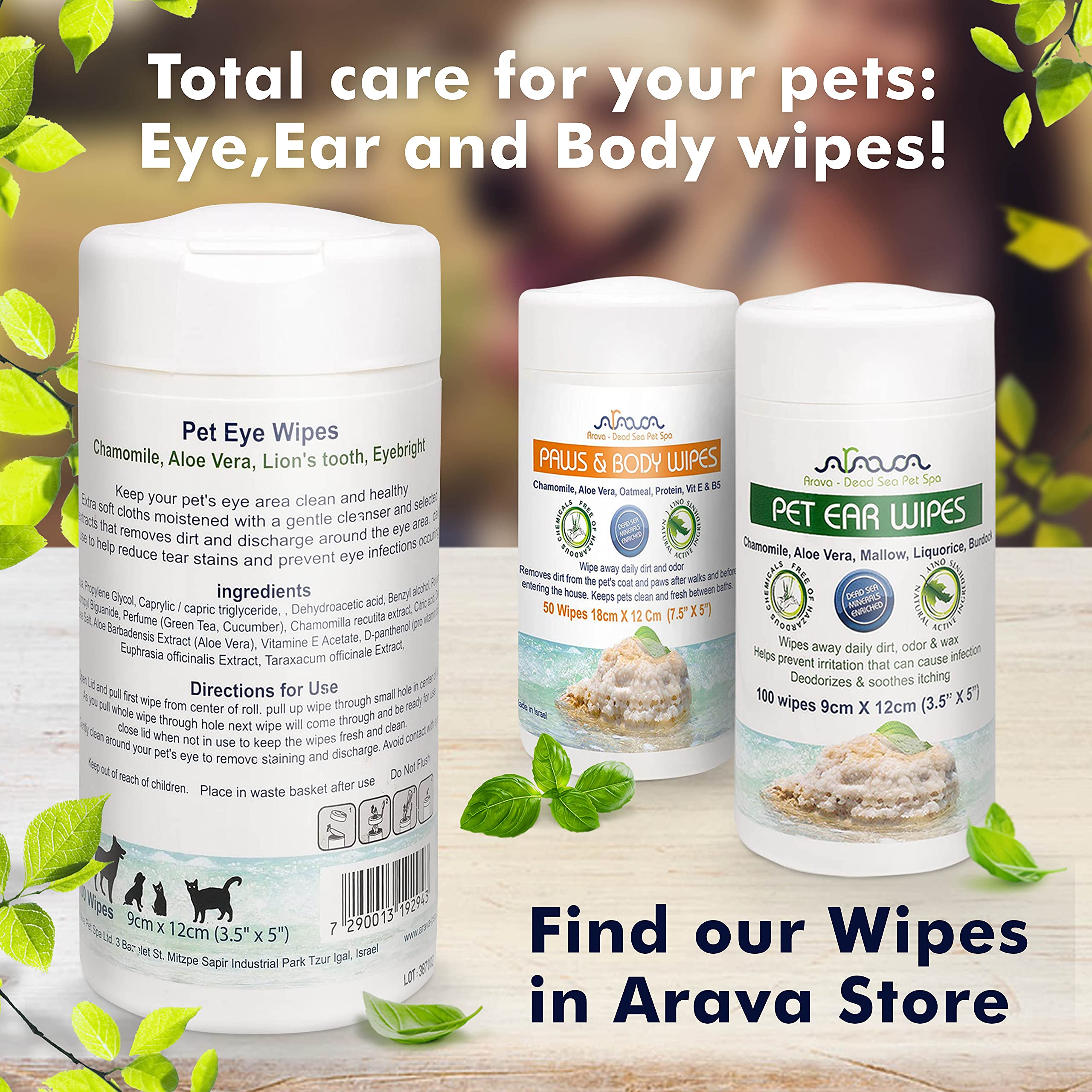 Arava Pet Eye Wipes tub closeup showing soft, gentle formula