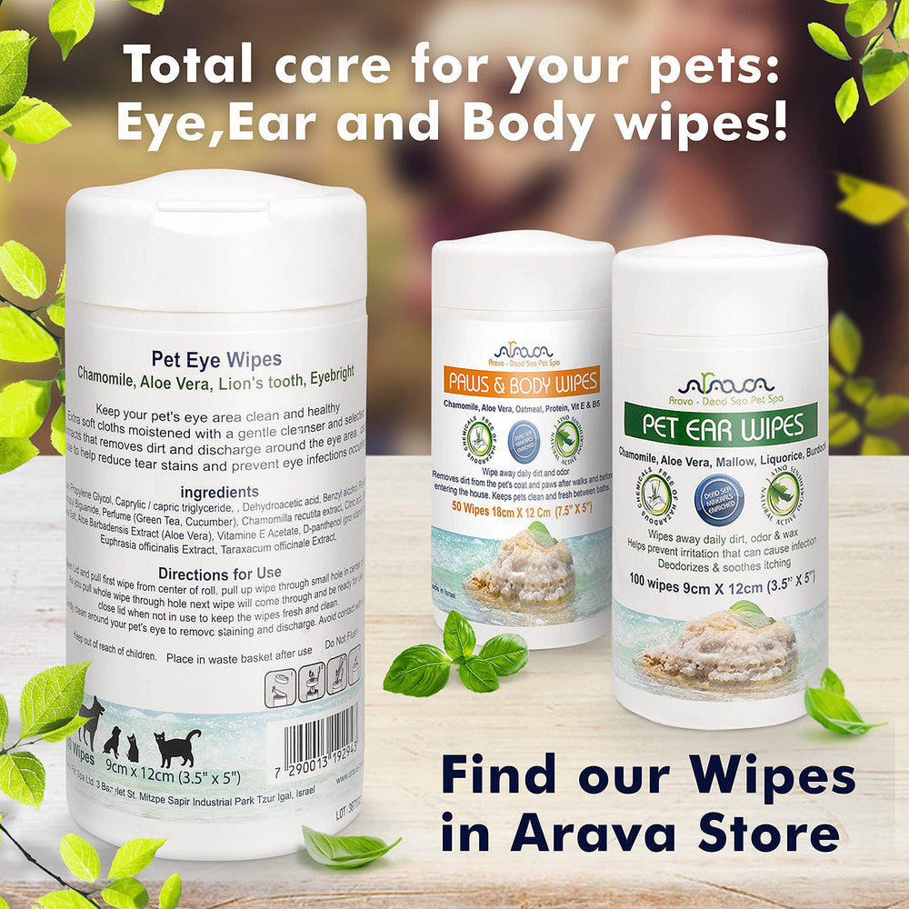 Arava Pet Eye Wipes tub closeup showing soft, gentle formula