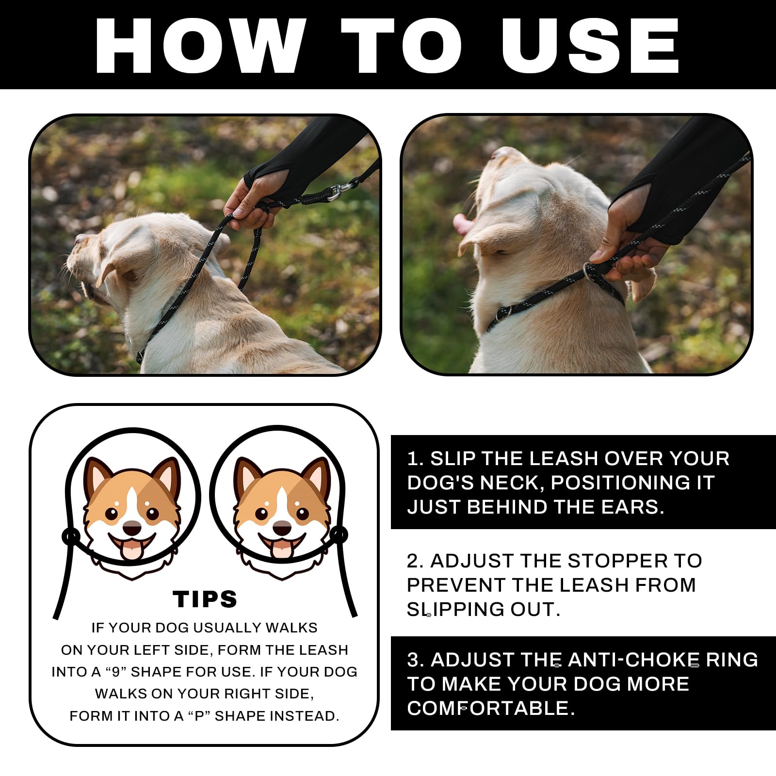 Arblina Slip Leads large-small dogs image shows suitability across breeds with durable, lightweight design.