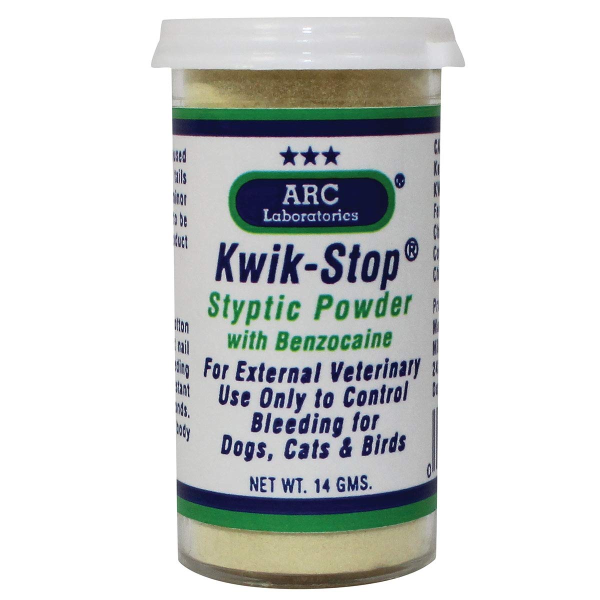 ARC International Kwik-Stop powder jar front helps stop minor pet bleeding after trims.