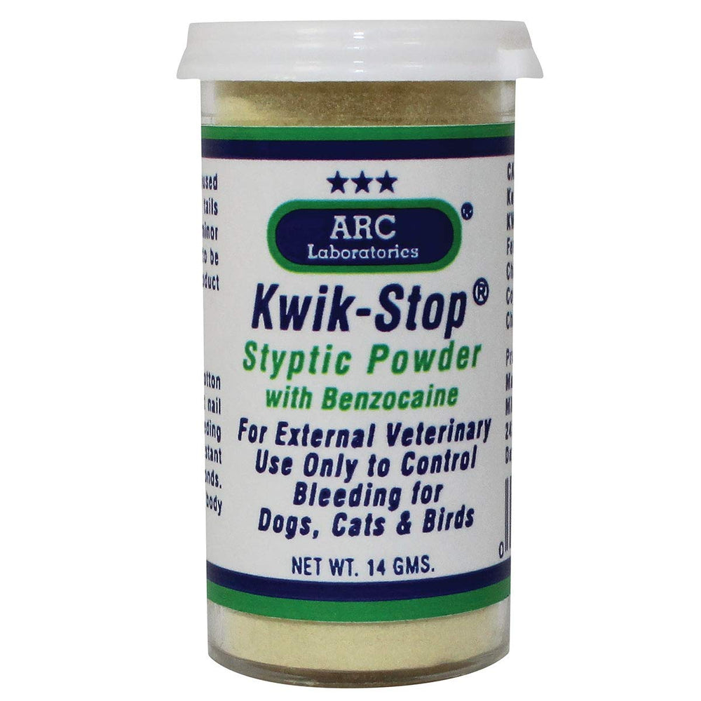 ARC International Kwik-Stop powder jar front helps stop minor pet bleeding after trims.