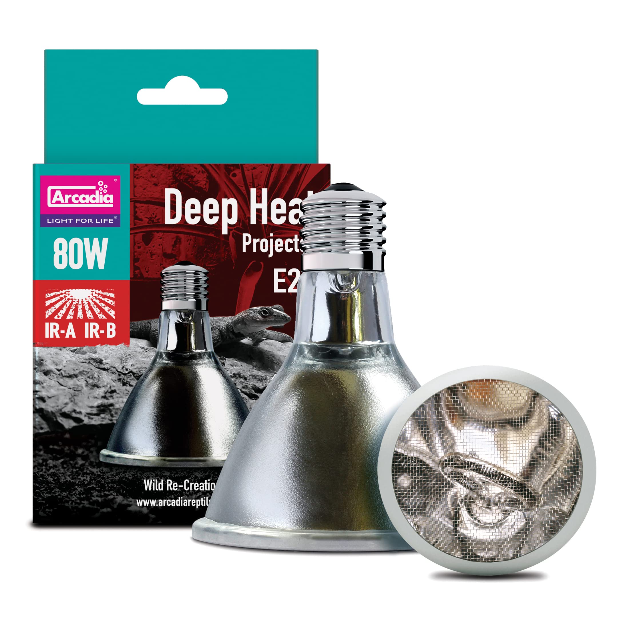 Arcadia Deep Heat Emitter 80W over basking spot delivers natural warmth for reptiles.