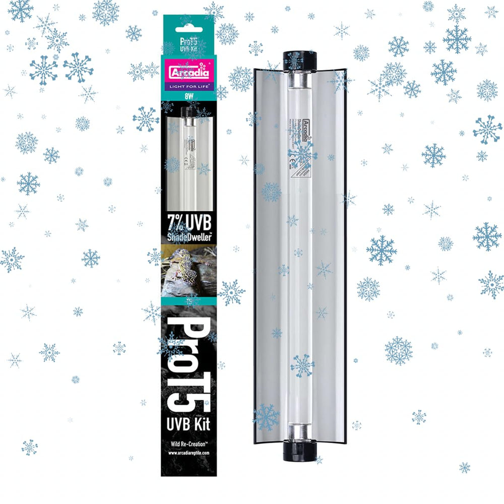 Arcadia ShadeDweller ProT5 kit 12in UVB light focuses UVB on basking zone for reptiles.