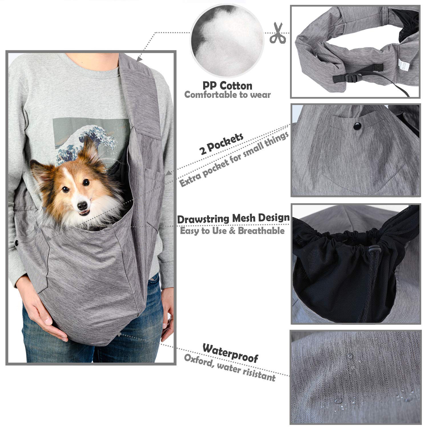 ARELLA dog sling grey in-use on urban strolls for hands-free convenience.