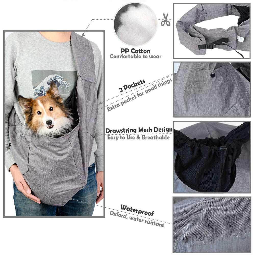 ARELLA dog sling grey in-use on urban strolls for hands-free convenience.