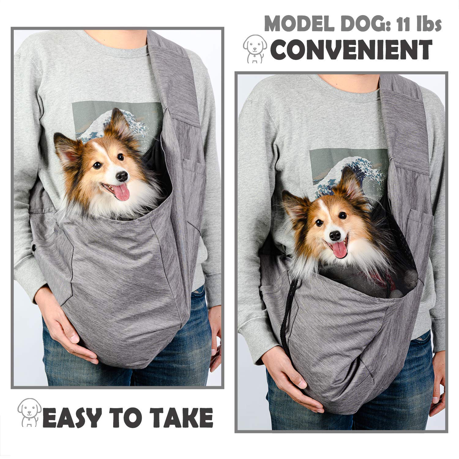 ARELLA dog sling grey Oxford outer shows breathable, weather-ready comfort.