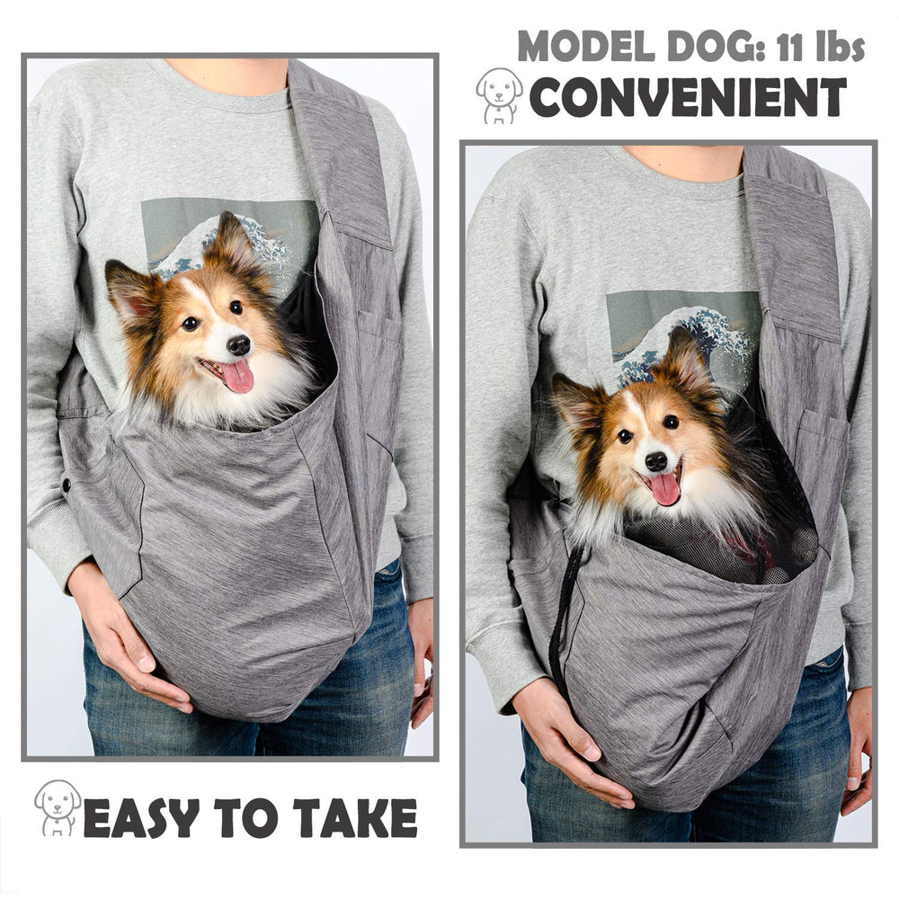 ARELLA dog sling grey Oxford outer shows breathable, weather-ready comfort.