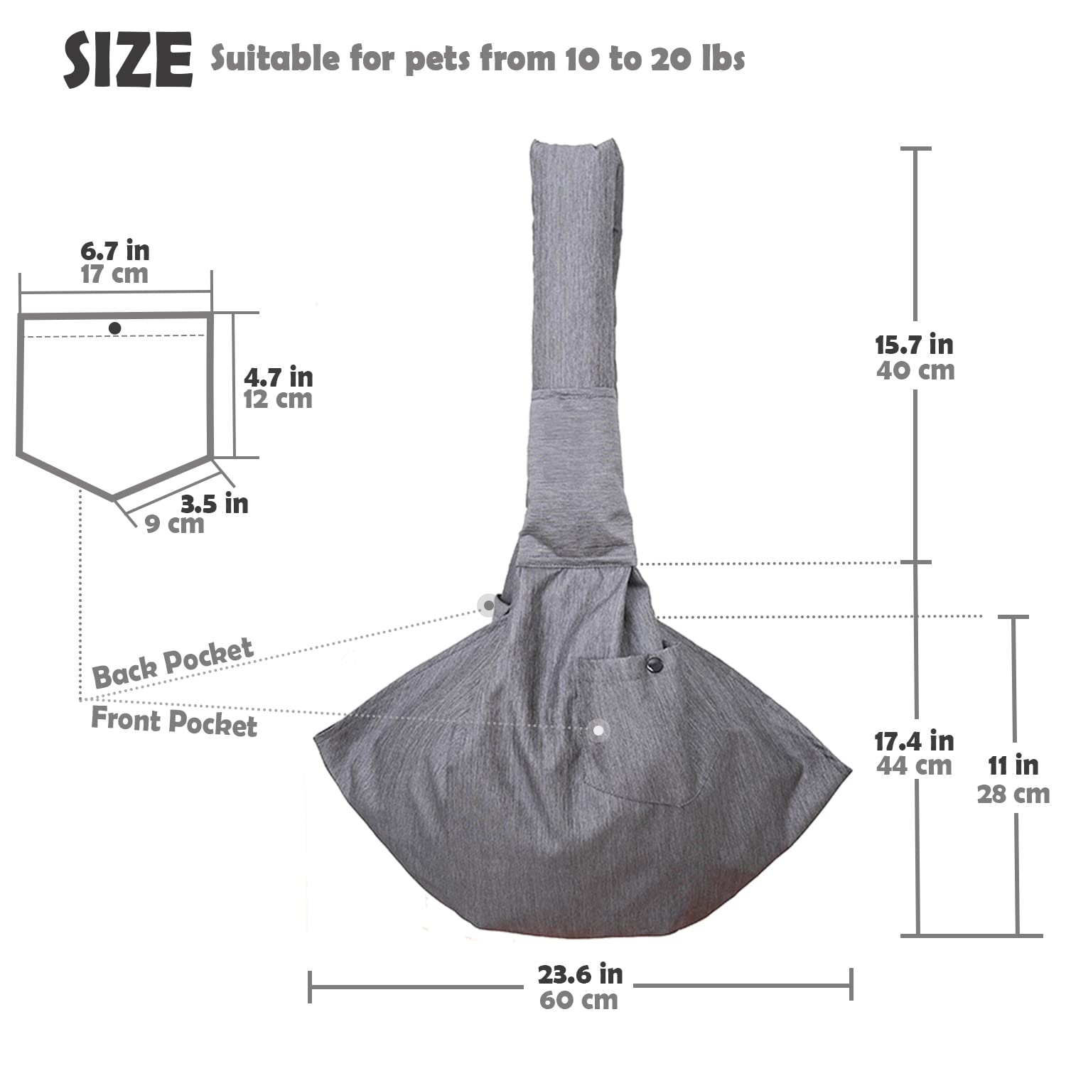 ARELLA dog sling grey packaged image suggests easy setup.