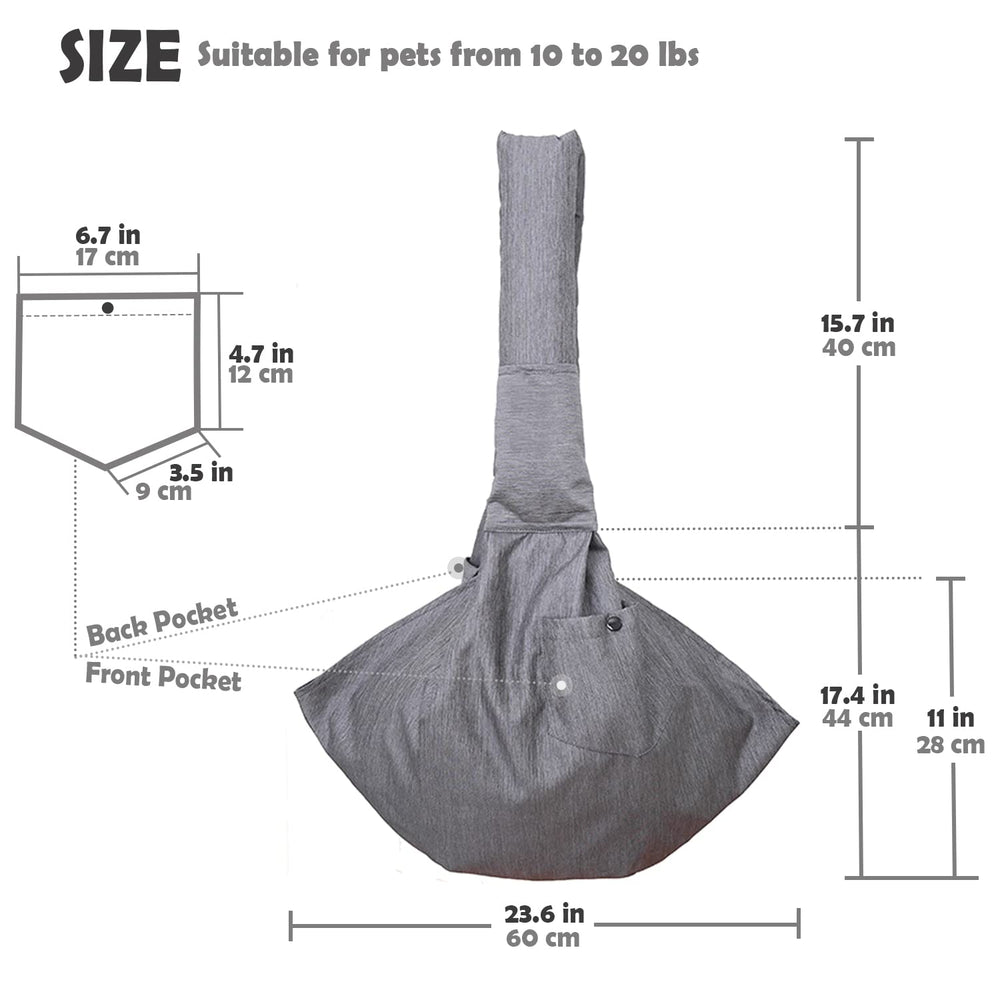 ARELLA dog sling grey packaged image suggests easy setup.