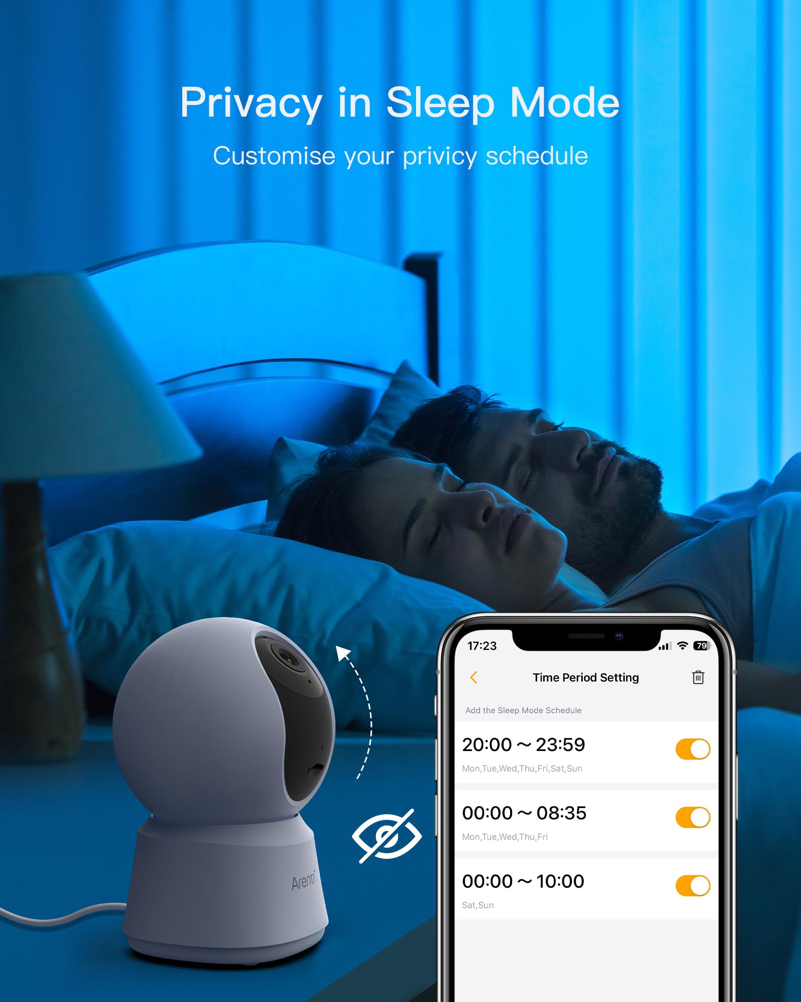 ARENTI privacy mode toggle instantly disables live streaming when needed.