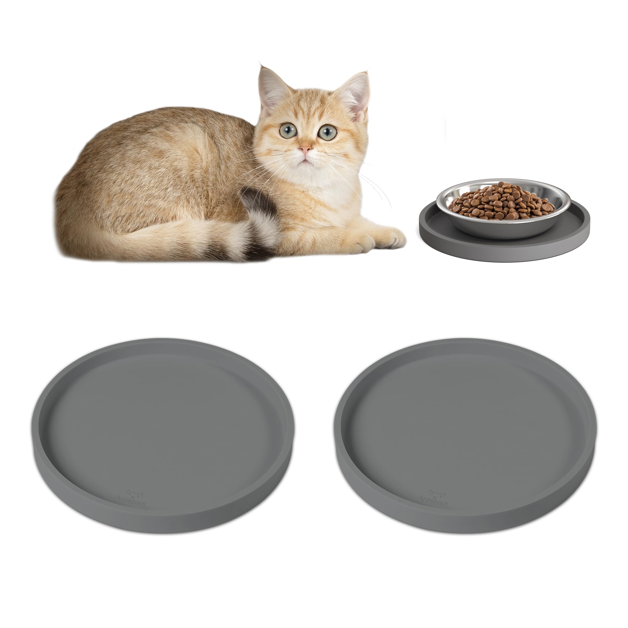 Arespark Pet Silicone Food Mat set of 2 on counter showing spill containment for easy mealtime