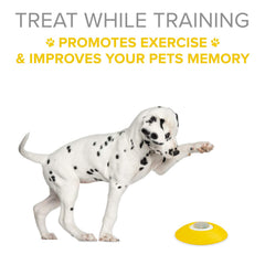 Arf Pets dog treat dispenser side view with remote button for controlled rewards.