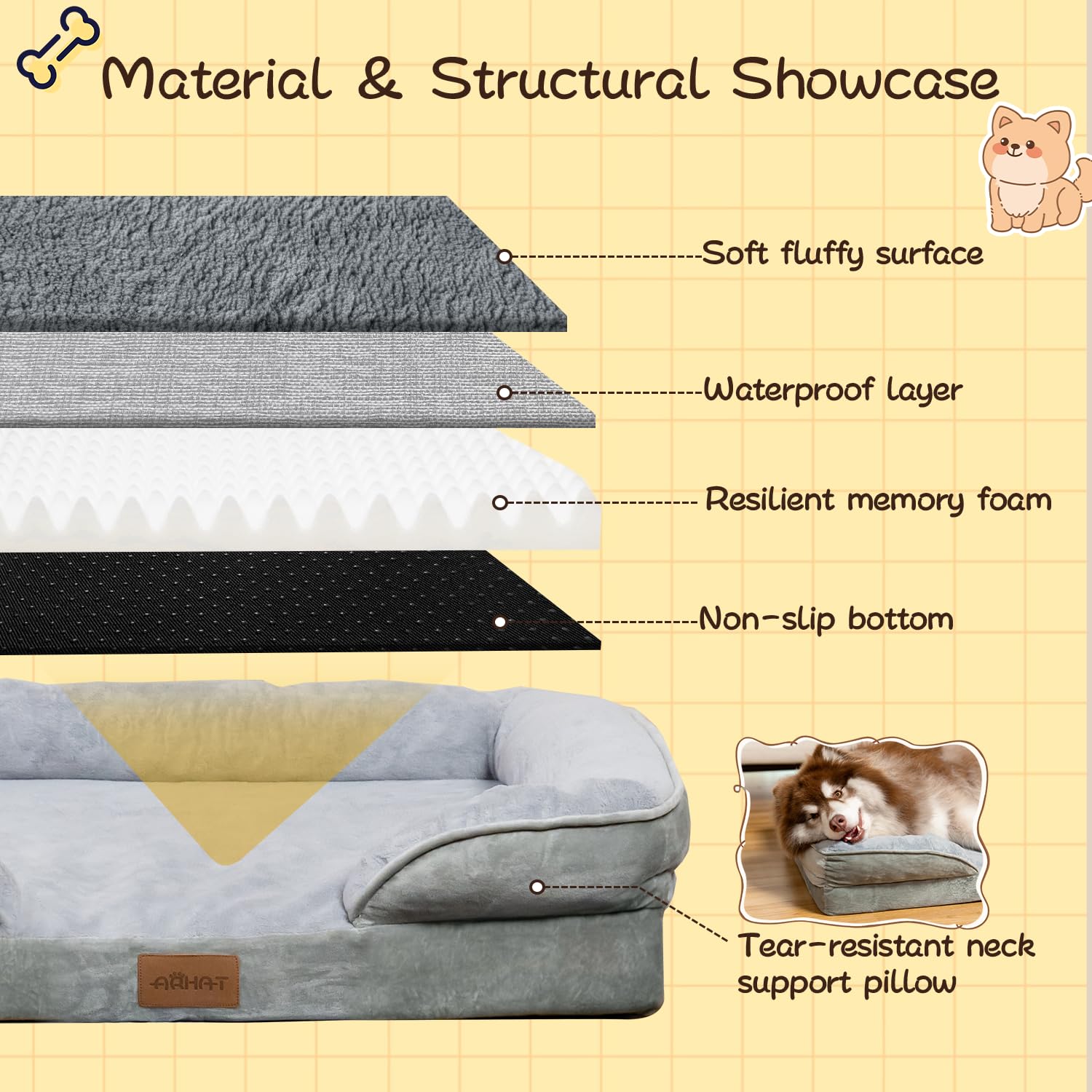 ARHAT orthopedic dog bed removable cover with zipper showing easy machine washing