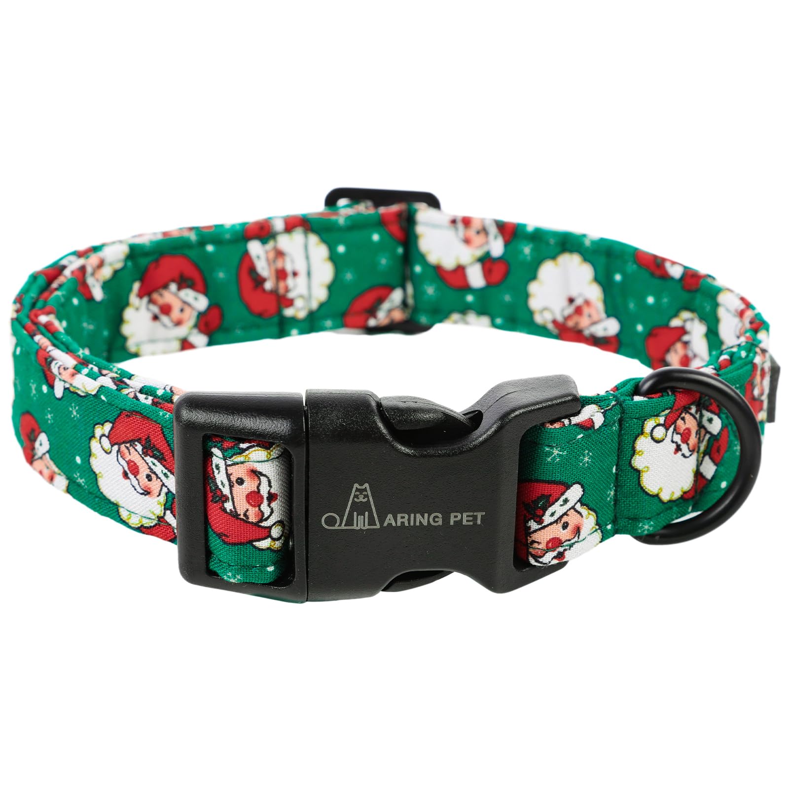 Aring Pet Christmas dog collar green Santa buckle closeup emphasizes lightweight cotton comfort for daily wear