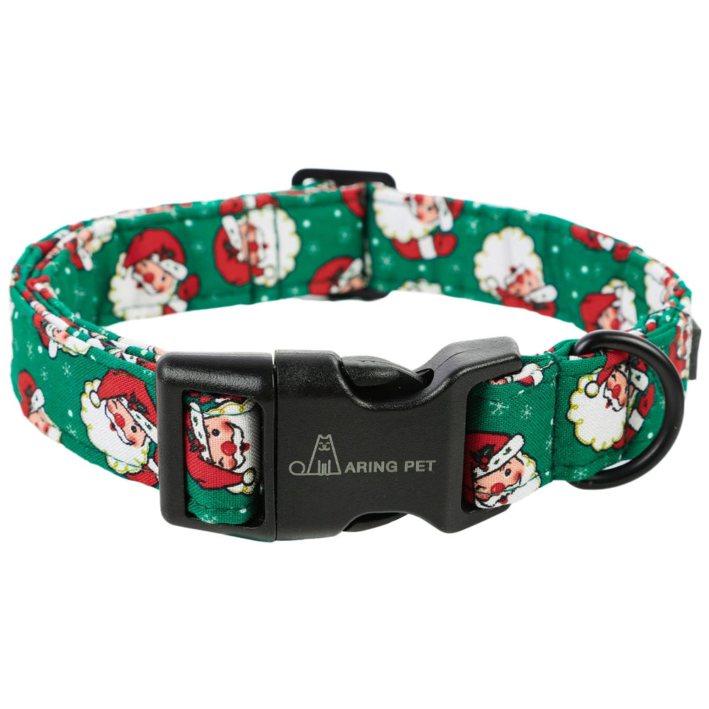 Aring Pet Christmas dog collar green Santa buckle closeup emphasizes lightweight cotton comfort for daily wear