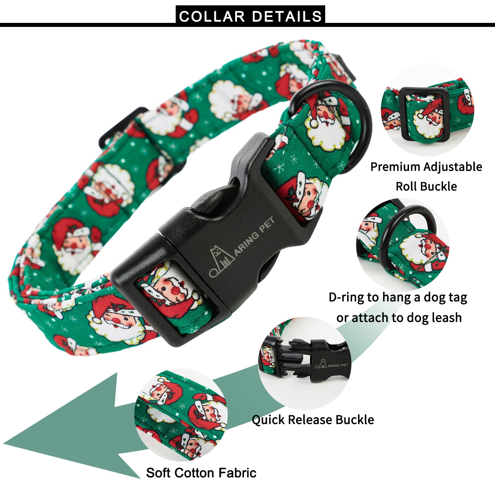 Aring Pet green Santa collar with D-ring shows practical leash tagging for adventures