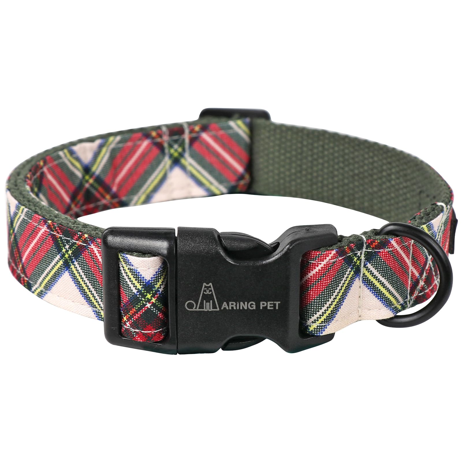 Aring Pet Christmas dog collar in red plaid cotton for everyday festive wear.
