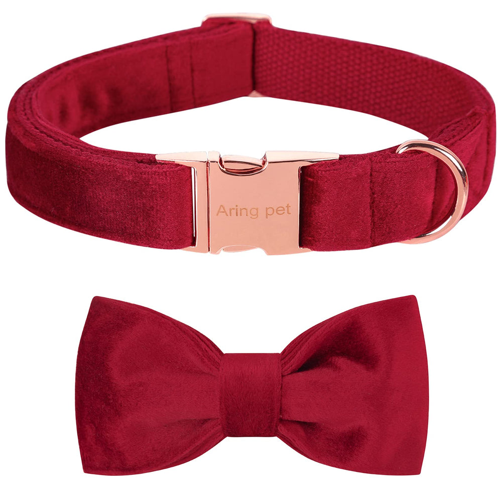 Aring Pet Velvet Dog Collar with Bow—soft red velvet close-up for gentle everyday wear