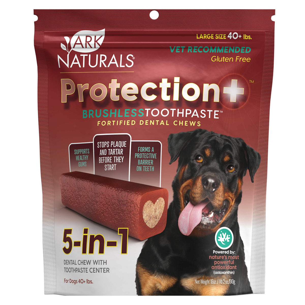 Ark Naturals ProtectionPlus packaging shows easy brushless toothpaste chew for large breeds.
