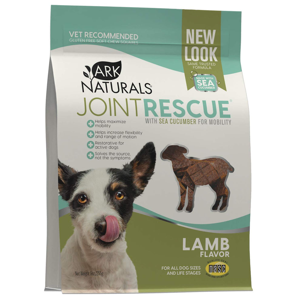 Ark Naturals Sea Mobility Joint Rescue dog treats package featuring lamb flavor for ongoing joint support.