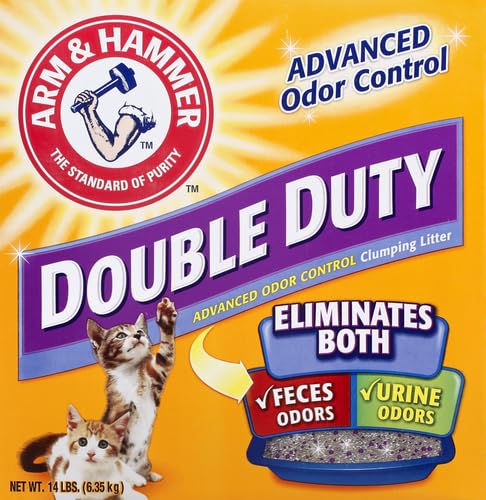 Arm & Hammer Double Duty Litter 14lb bag on shelf highlighting lightweight design.