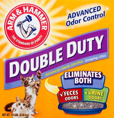 Arm & Hammer Double Duty Litter 14lb bag on shelf highlighting lightweight design.