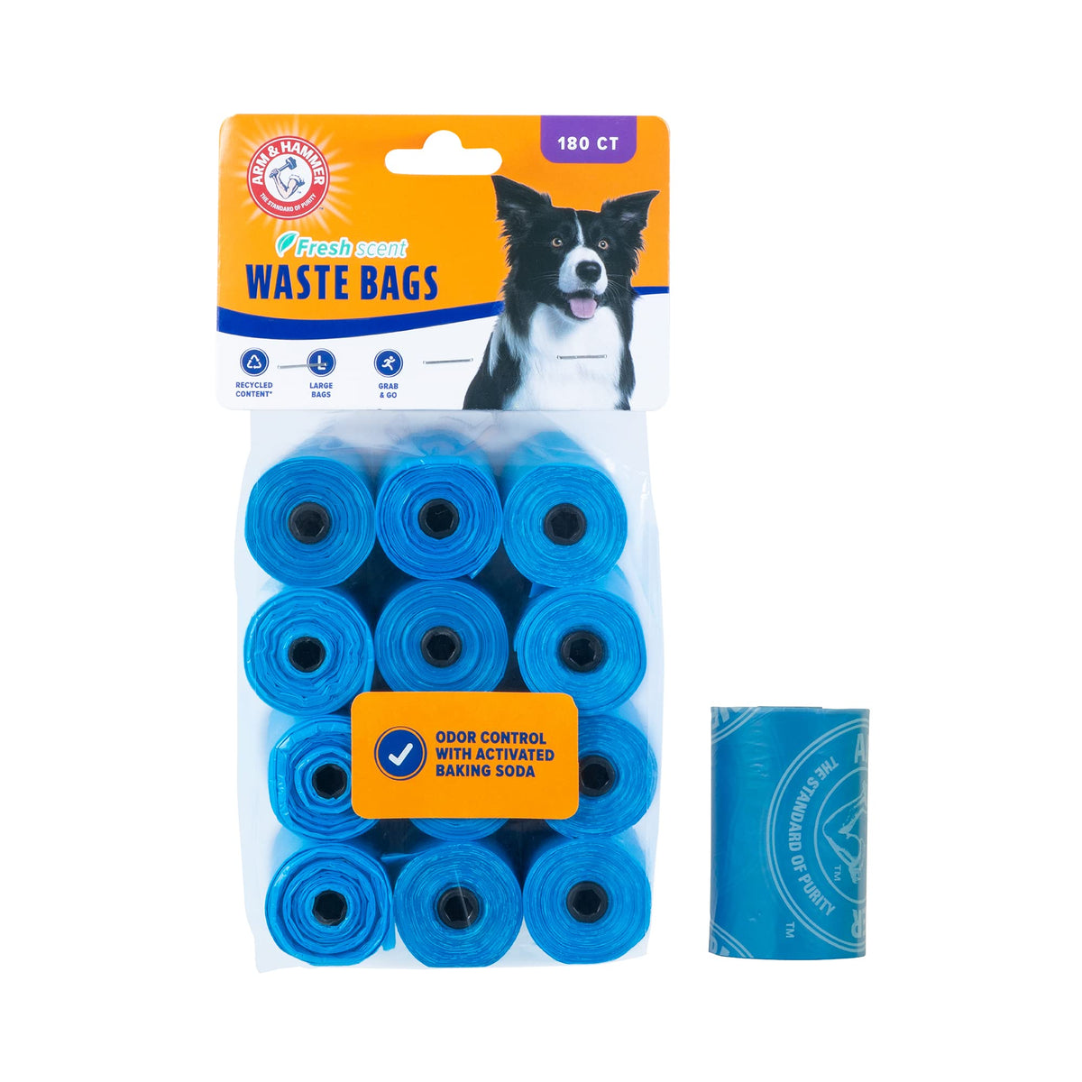 Arm & Hammer durable waste bags blue roll for odor-controlled on-the-go cleanup