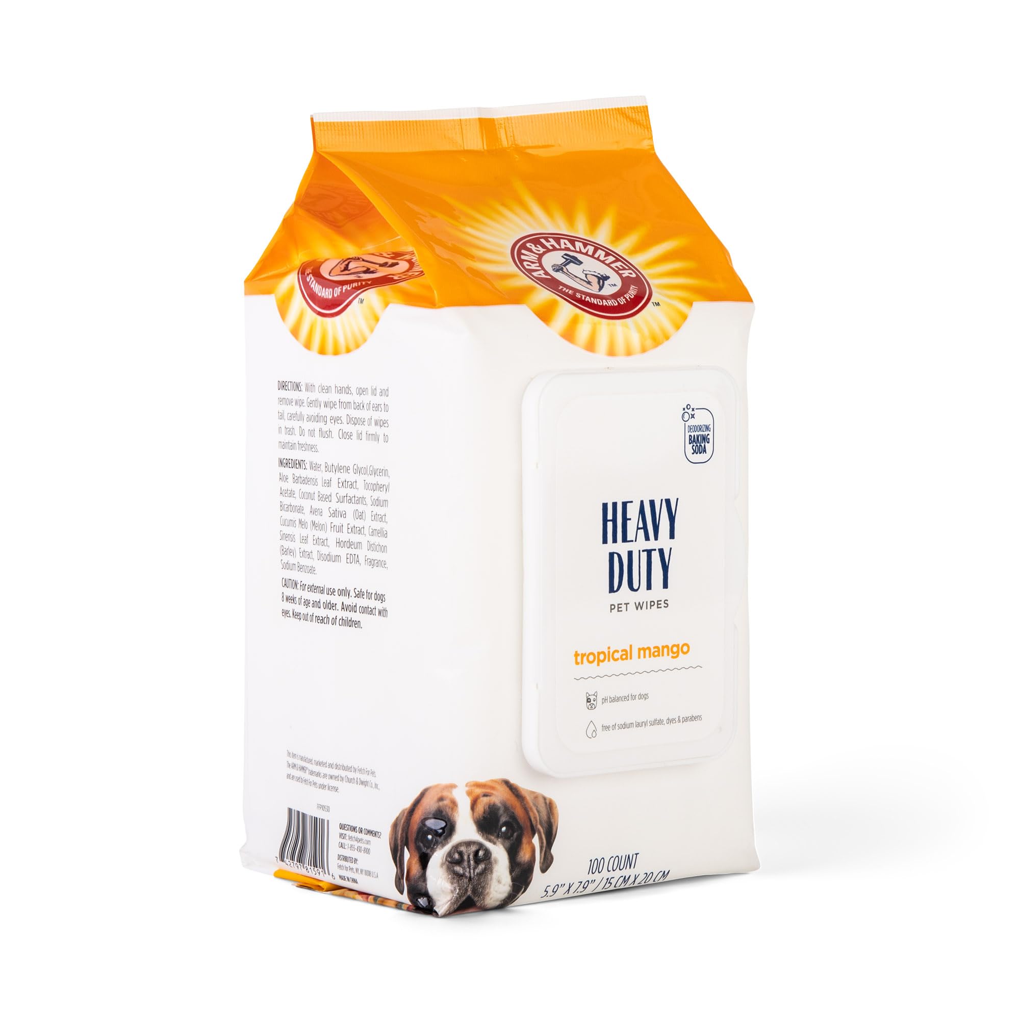 Arm & Hammer for Pets Mango wipes close-up highlighting baking soda action