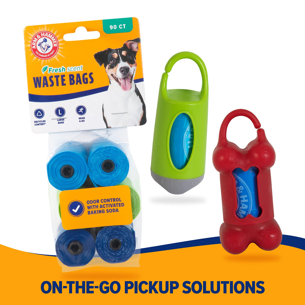 Arm & Hammer blue bags offer convenient disposal for dog waste during outings.