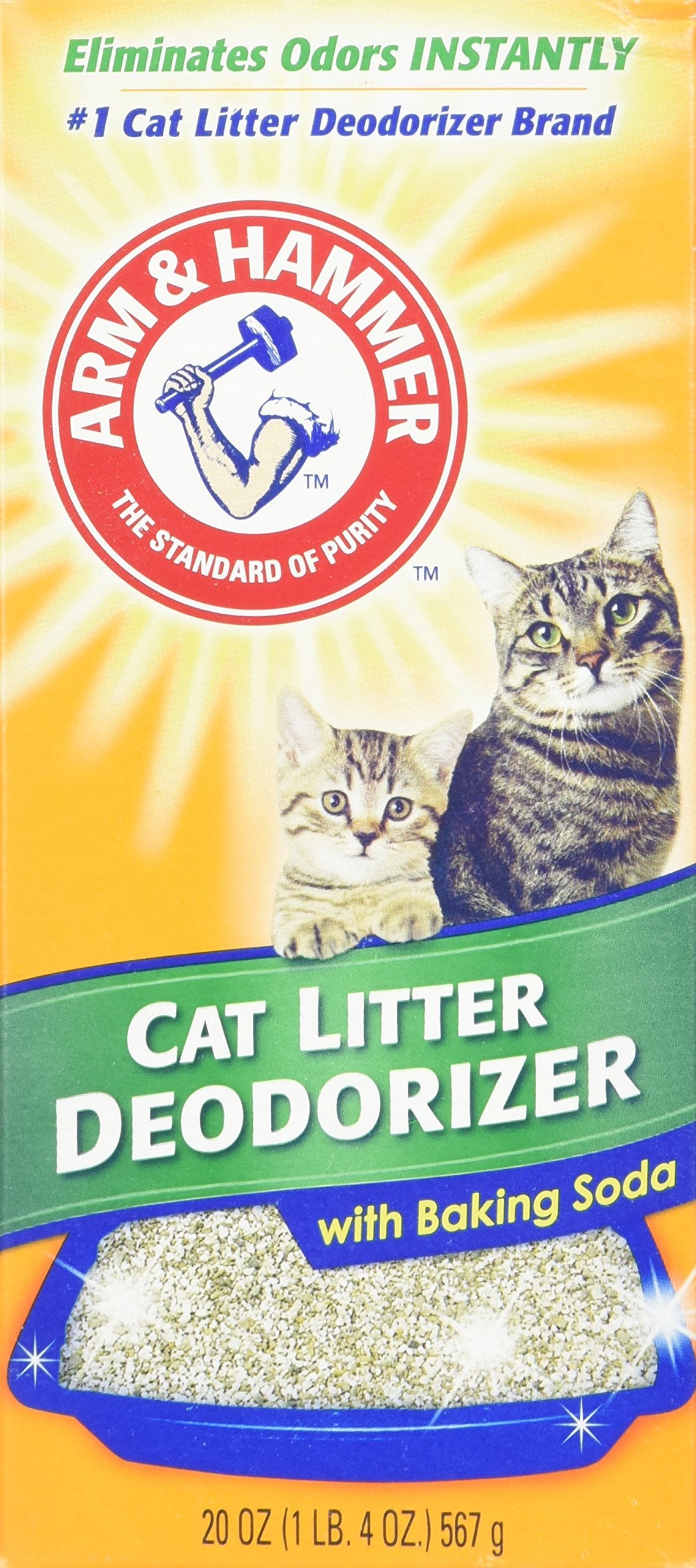 Arm & Hammer cat litter deodorizer product shot highlights four-pack packaging for odor control