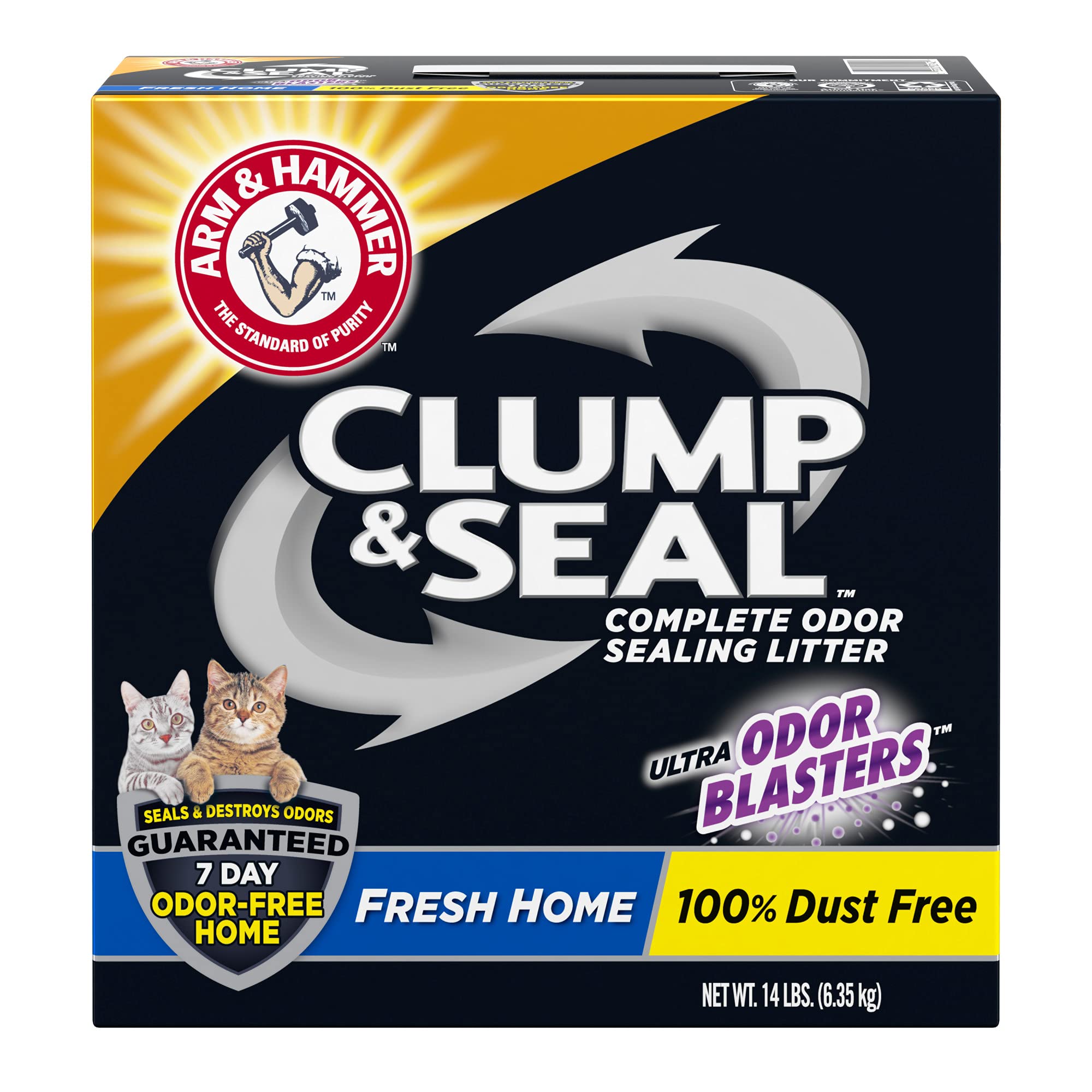 ARM & HAMMER Clump & Seal litter box scene shows a clean, odor-free setup.