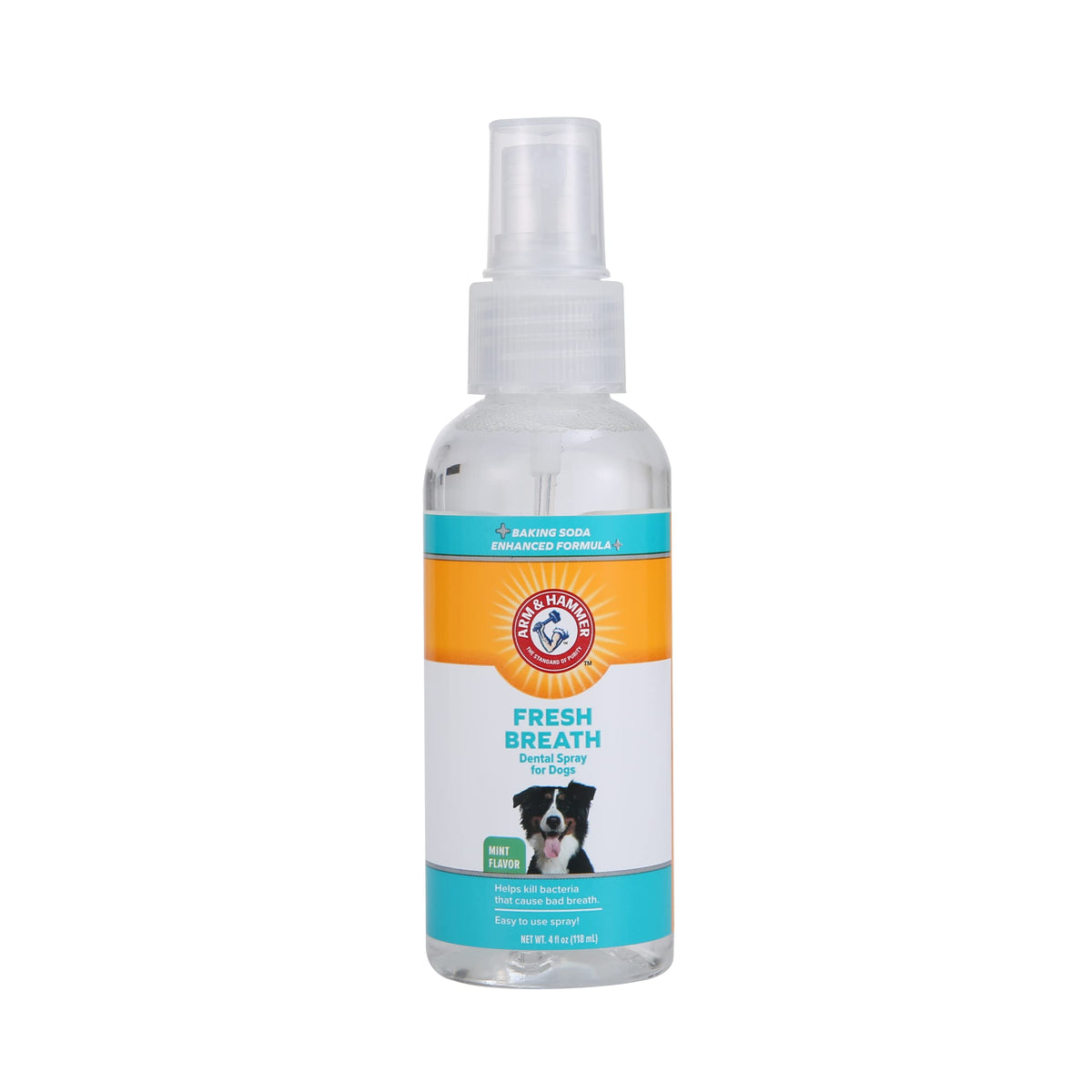 Arm & Hammer dog oral care spray label shows mint formula for fresh breath.