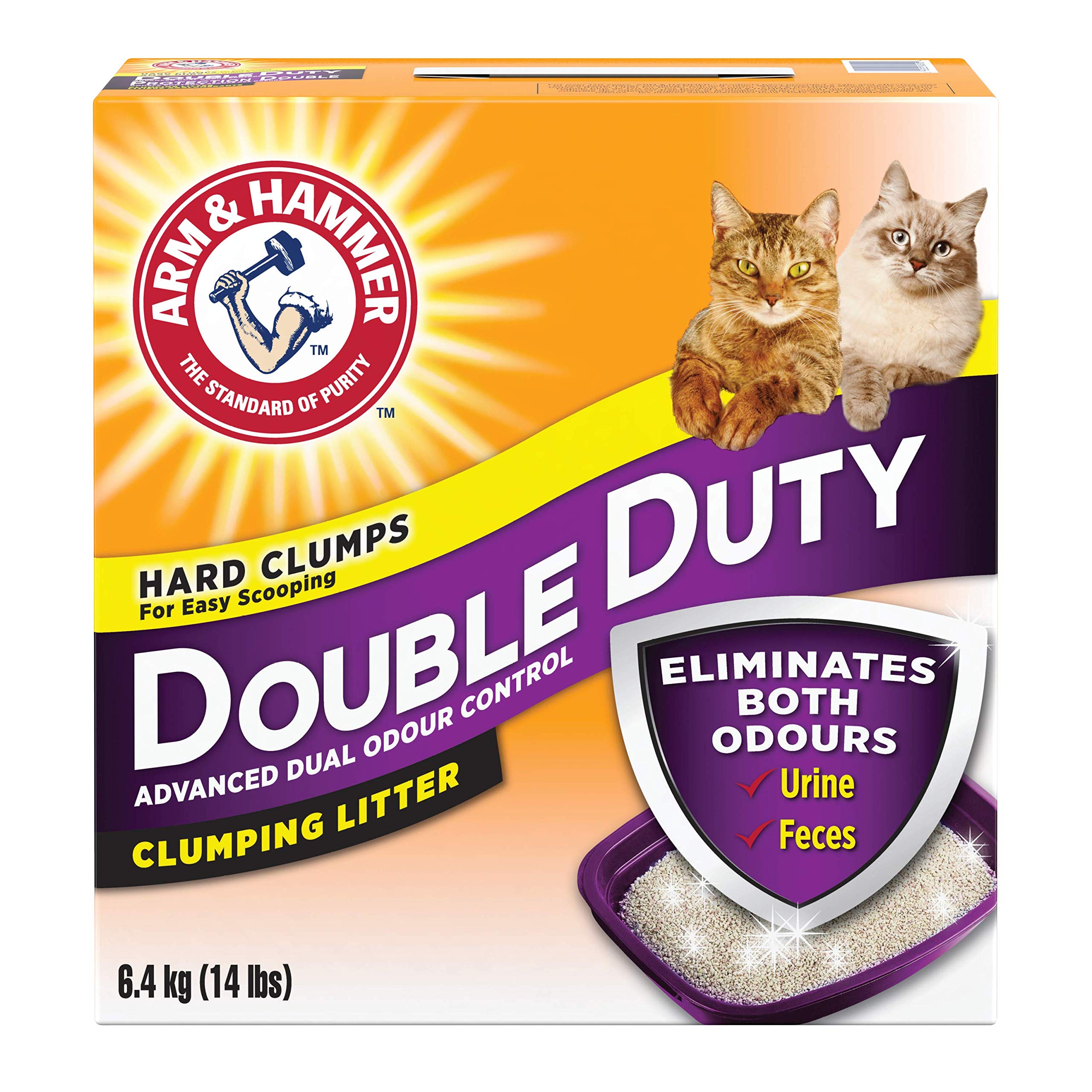 Arm & Hammer Double Duty Cat Litter packaging shows a 14-pound container for easy storage.