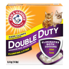 Arm & Hammer Double Duty Cat Litter packaging shows a 14-pound container for easy storage.