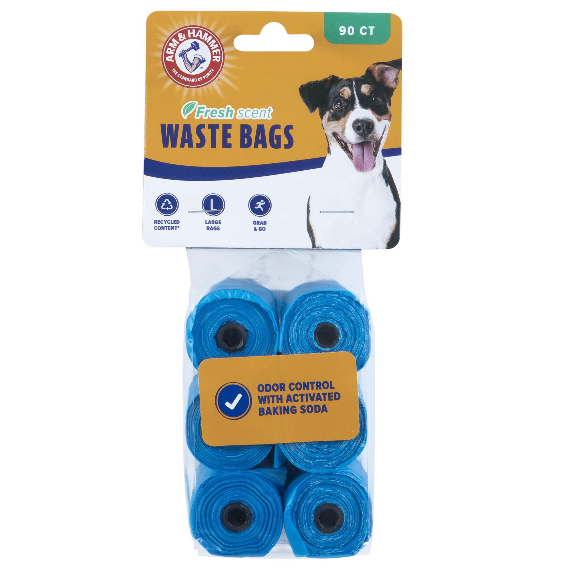 Arm & Hammer easy-tear poop bag roll in blue for quick, mess-free cleanup on walks.