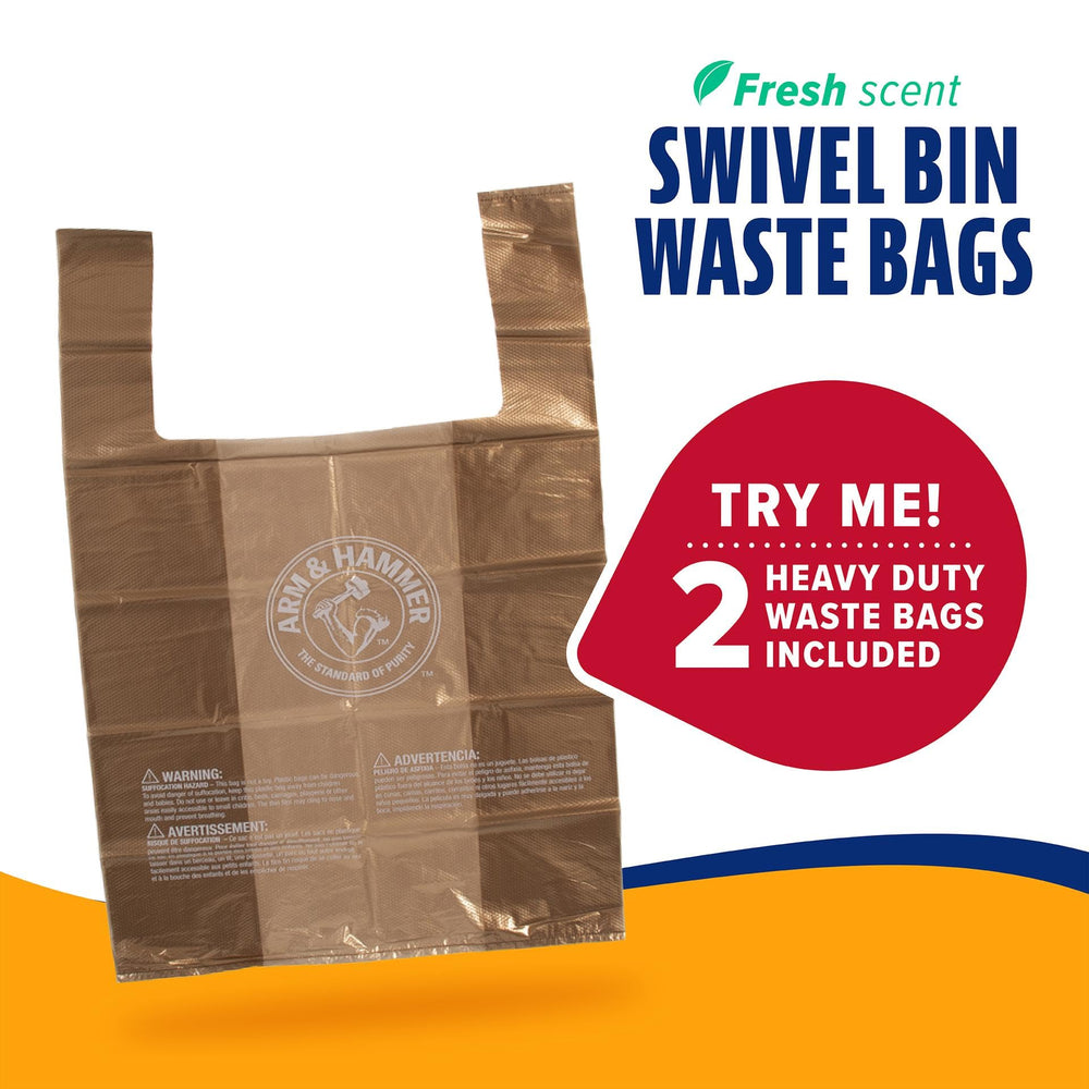 Arm & Hammer Swivel Bin XL bag attachment highlights durable waste bags.