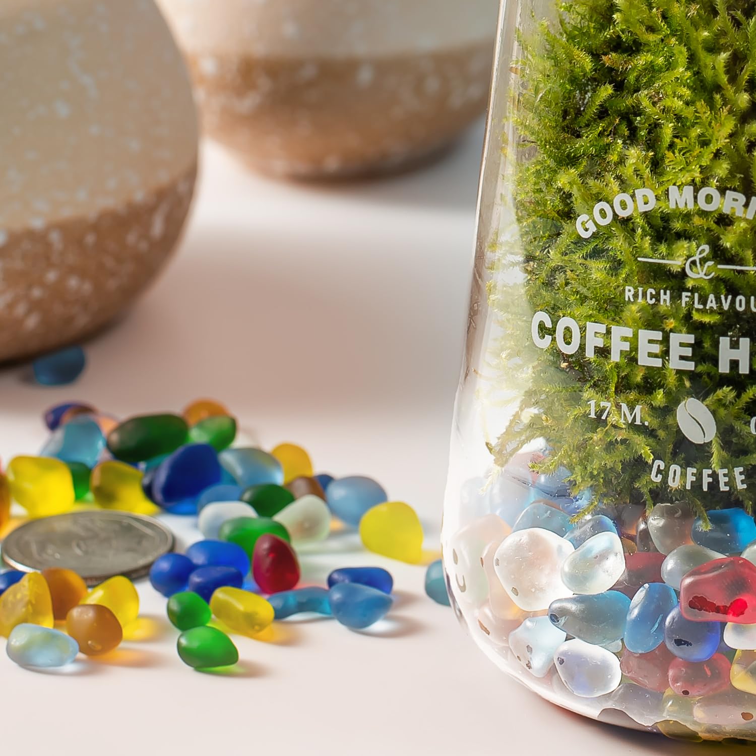 Armas kodu Sea Glass Stones vase fillers packaging demonstrates convenient resealable jar.