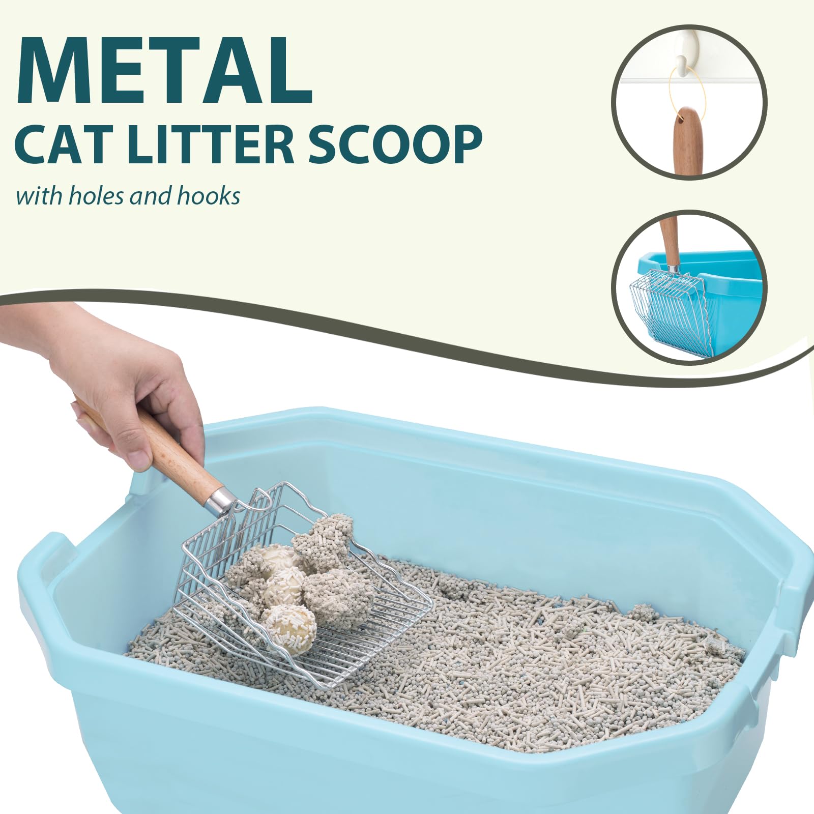 ARMLULU cat litter scoop side view with wooden handle for comfort