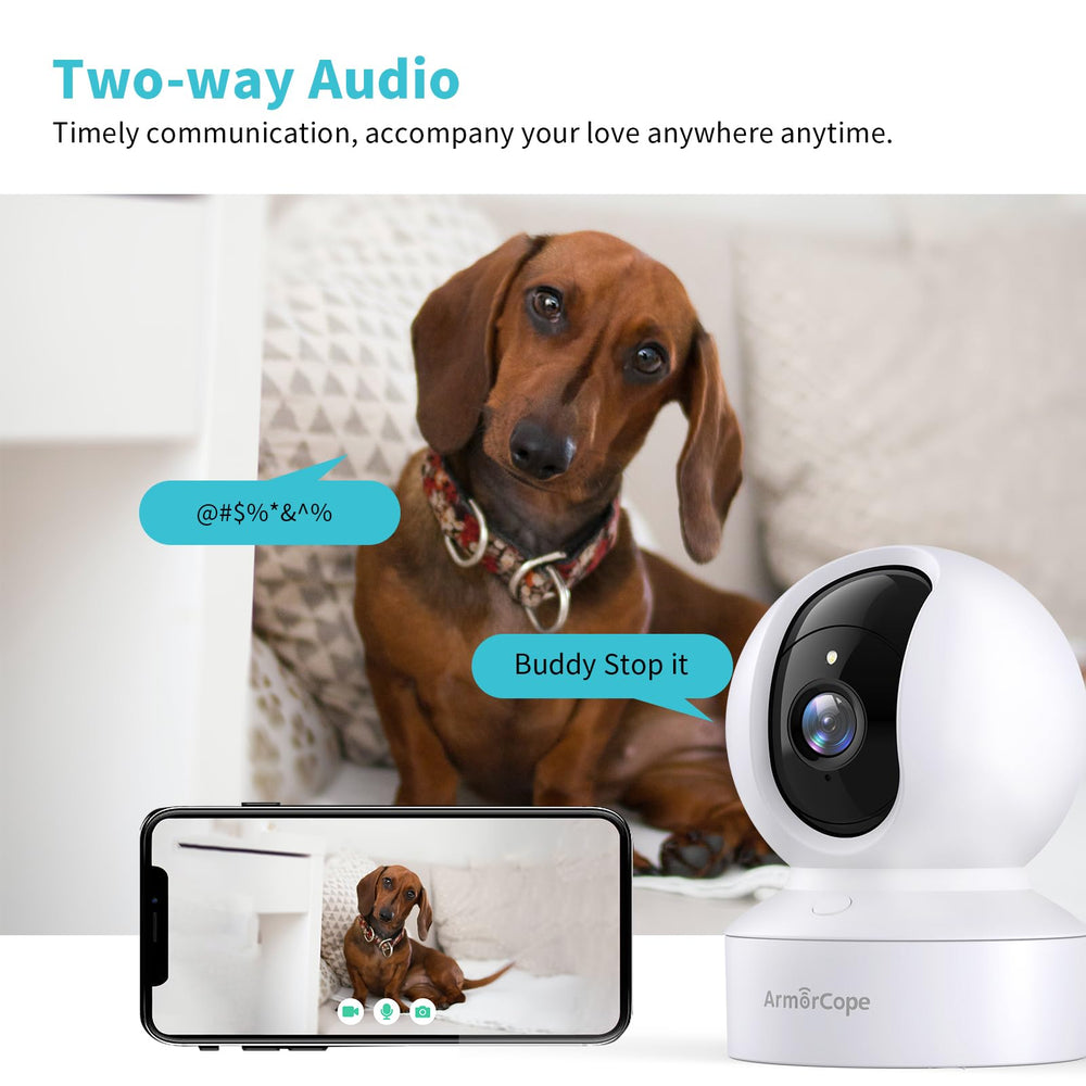 Armorcope 360 pan-tilt view captures every room corner.