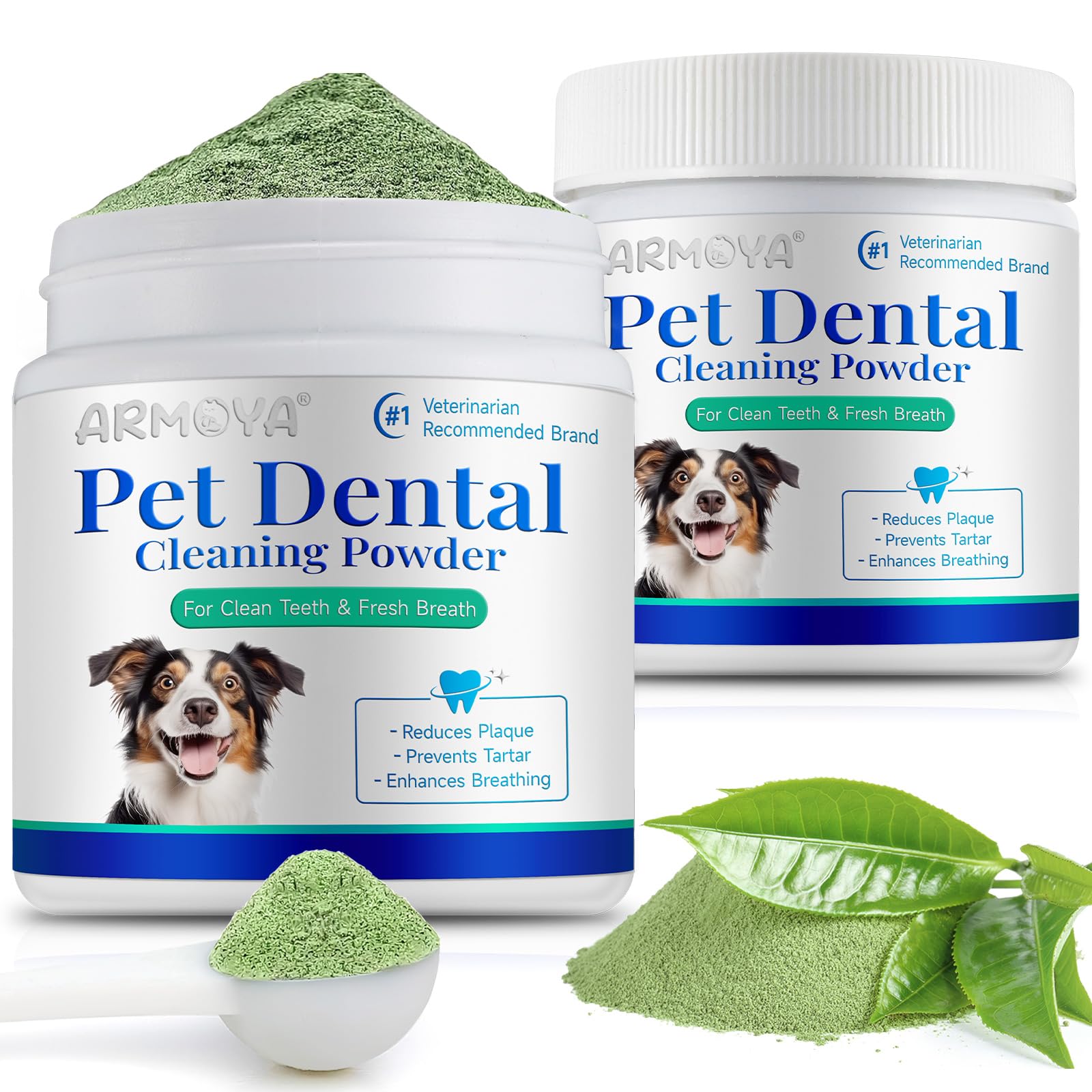 ARMOYA dog dental powder bottle pours into food for easy daily care and fresher breath.