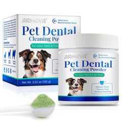 ARMOYA Dog Dental Powder bottle shows easy at-home dental care for fresher breath.