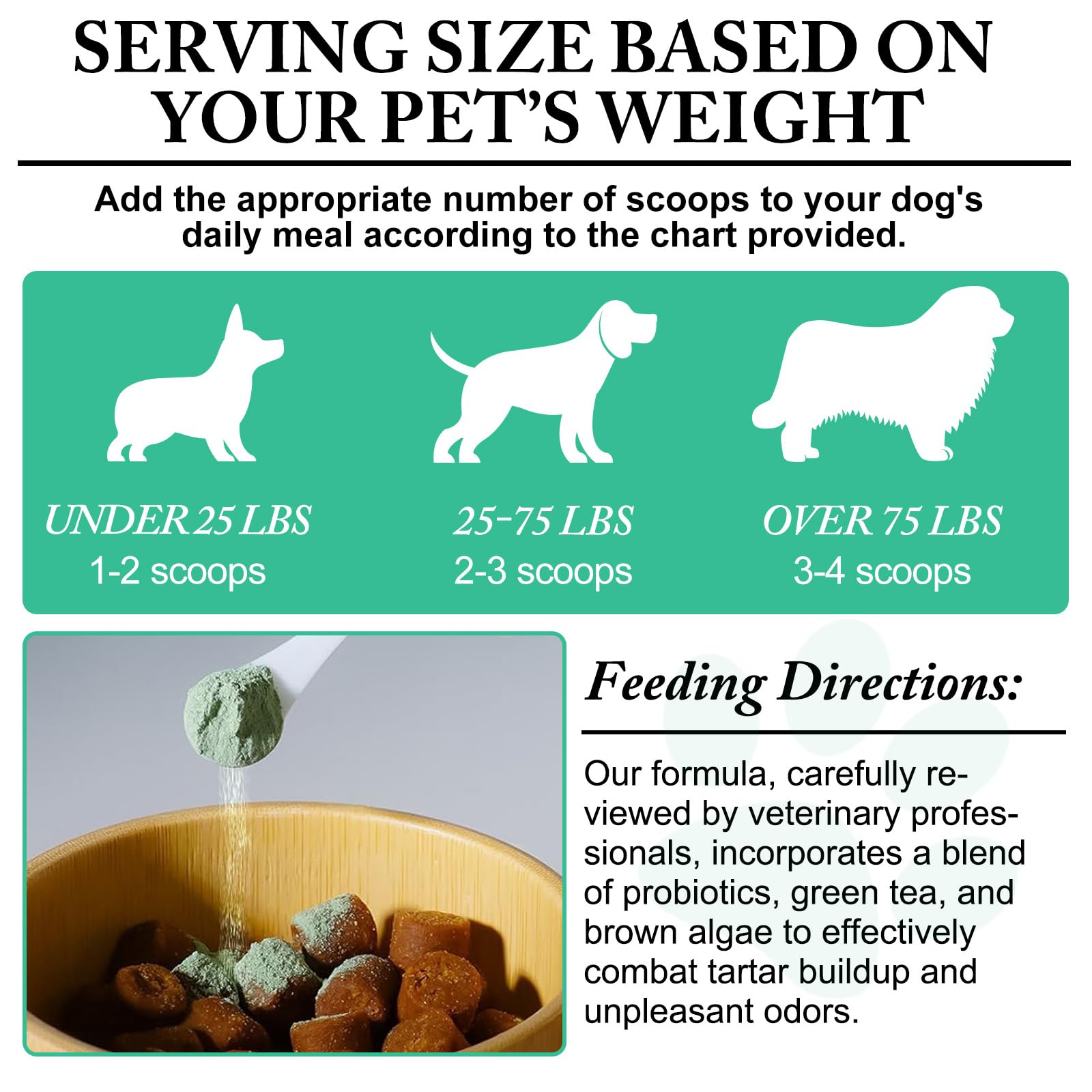 ARMOYA Dog Dental Powder probiotic blend closeup emphasizing chemical-free oral care.