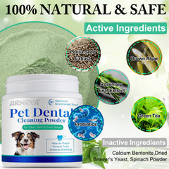 ARMOYA Dog Dental Powder tub closeup highlighting a probiotic blend for oral wellness.