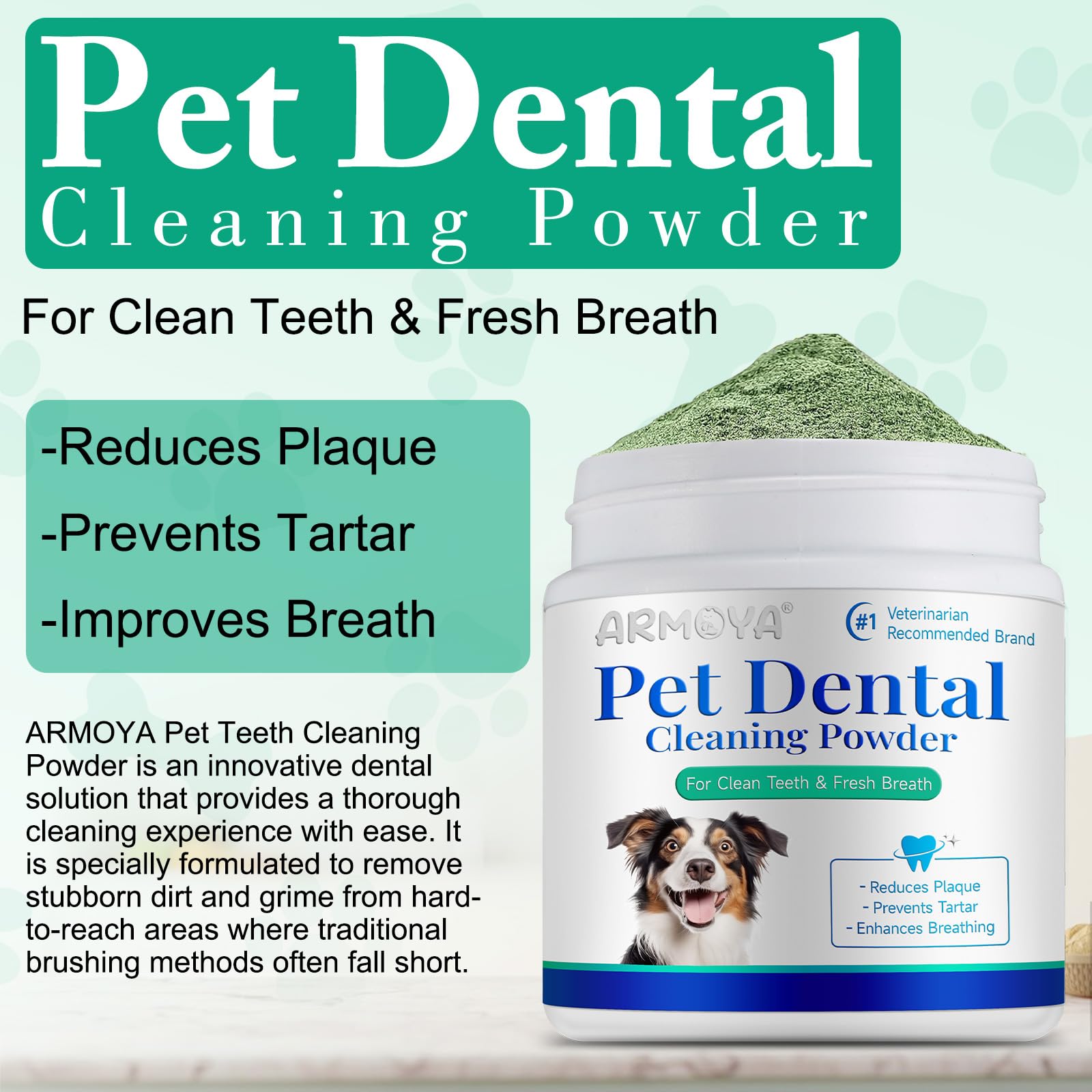 ARMOYA dog dental powder tub dispense shows convenient use across breeds and routines.