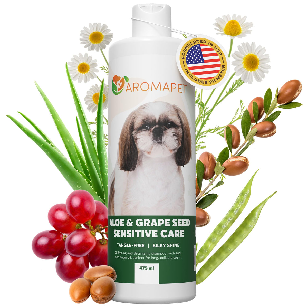 AROMAPET Sensitive Care bottle pour shows balanced formula for calm skin and clean coat.