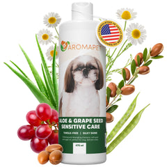 AROMAPET Sensitive Care bottle pour shows balanced formula for calm skin and clean coat.